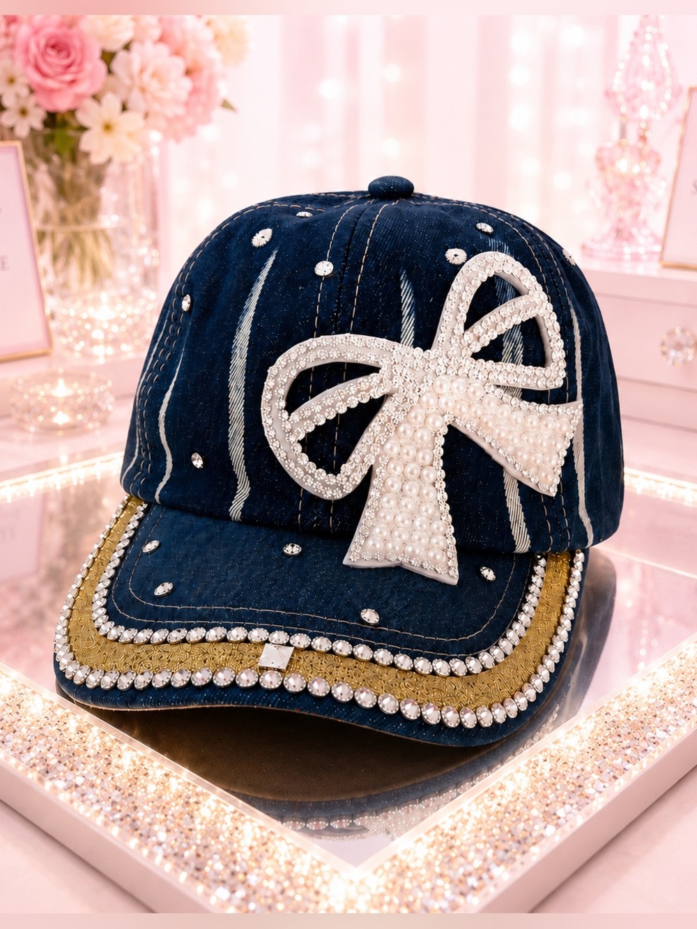 Boutique Denim Rhinestone Pearl Bow Baseball Cap Adjustable Bling Hat